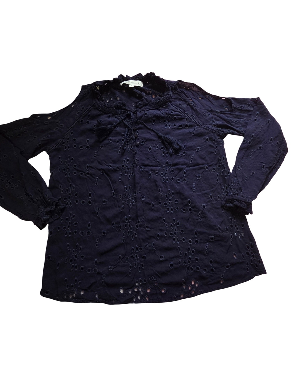 Cristina B. Women's Navy Eyelet Tie-Neck Blouse with Ruffle Collar